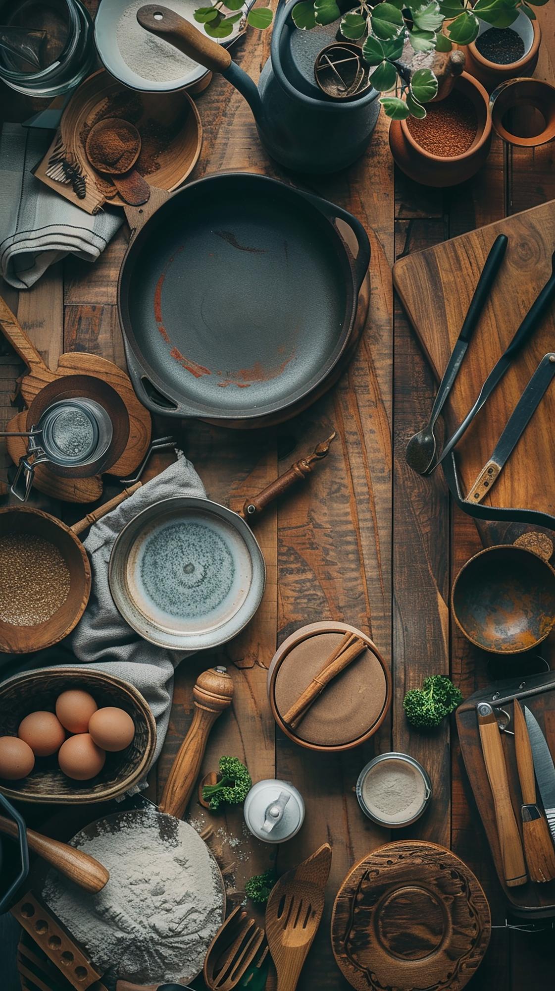 Studio kitchen workspace with tools and plated dishes