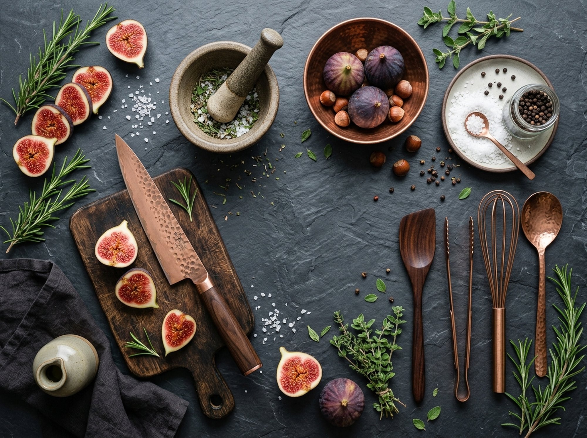 Workshop table with ingredients and knives