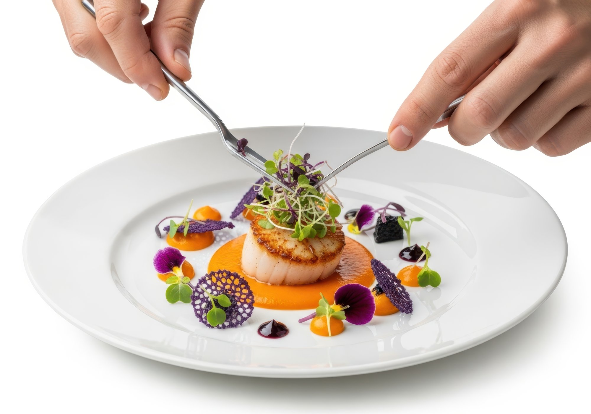 Chef demonstrating plated dish in warm kitchen